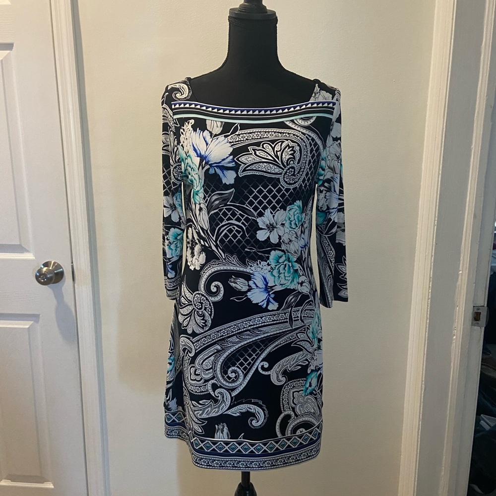 White House Black Market Black and Blue Patterned Mini Dress